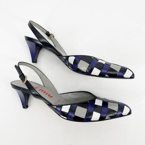 Miu Miu Vintage Black White Purple Woven Leather Slingback Kitten Heel IT 38.5 - Picture 3 of 10